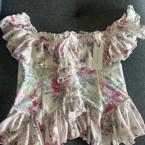 Anthropologie Pink and Cream Floral Ruffle Blouse